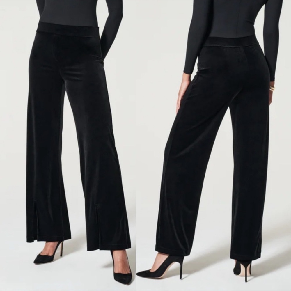 NWT Spanx Velvet Front Slit Flare Pants Black Wide Leg Stretch Petite 1X